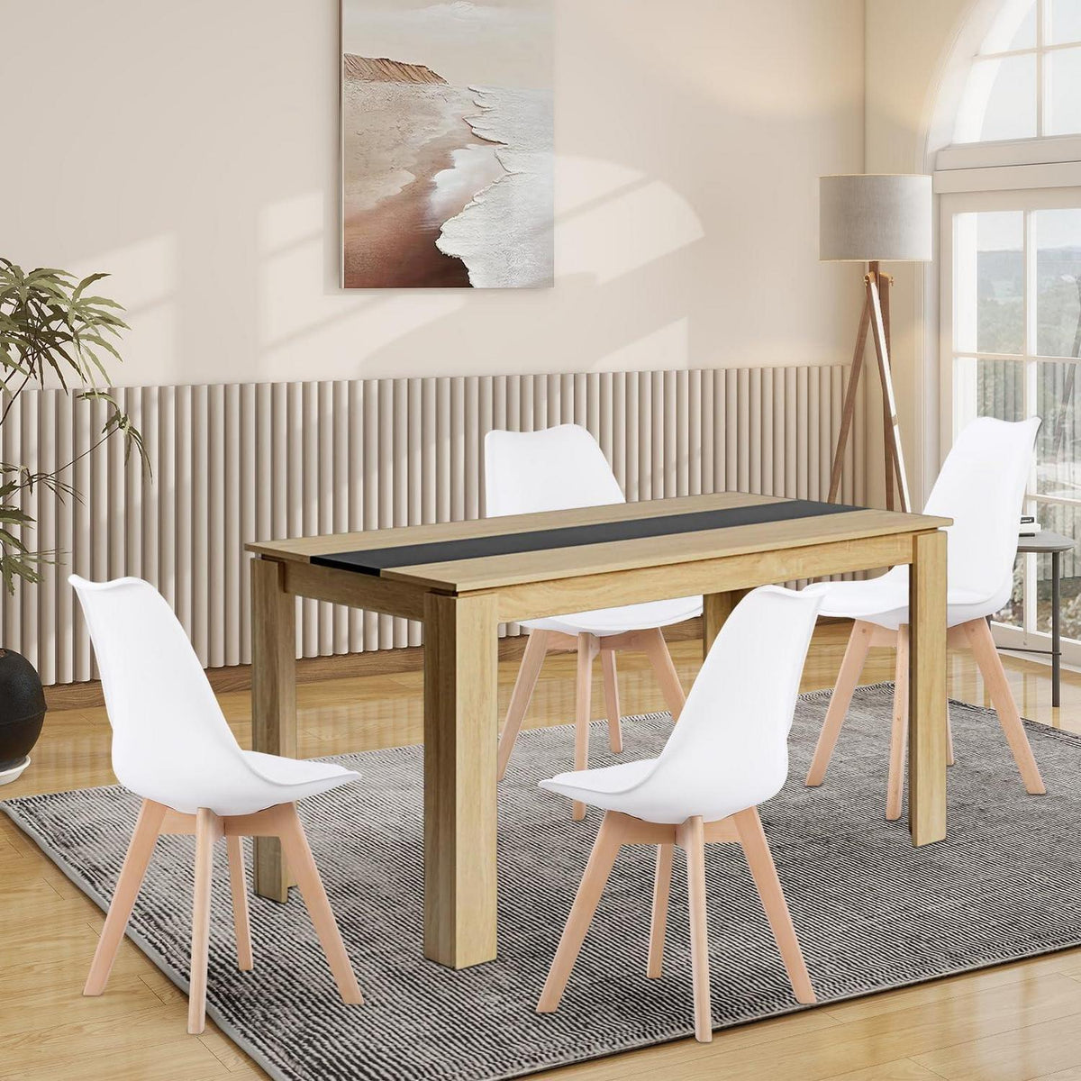 Esszimmergruppe Eiche-Schwarz 140cm mit 4 weißen Stühlen