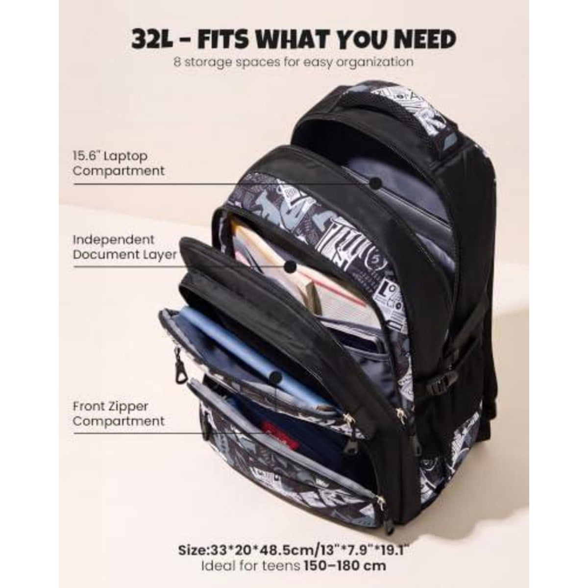 Trolley Schulrucksack Teenager, Abnehmbar, 6 Räder, Schwarz