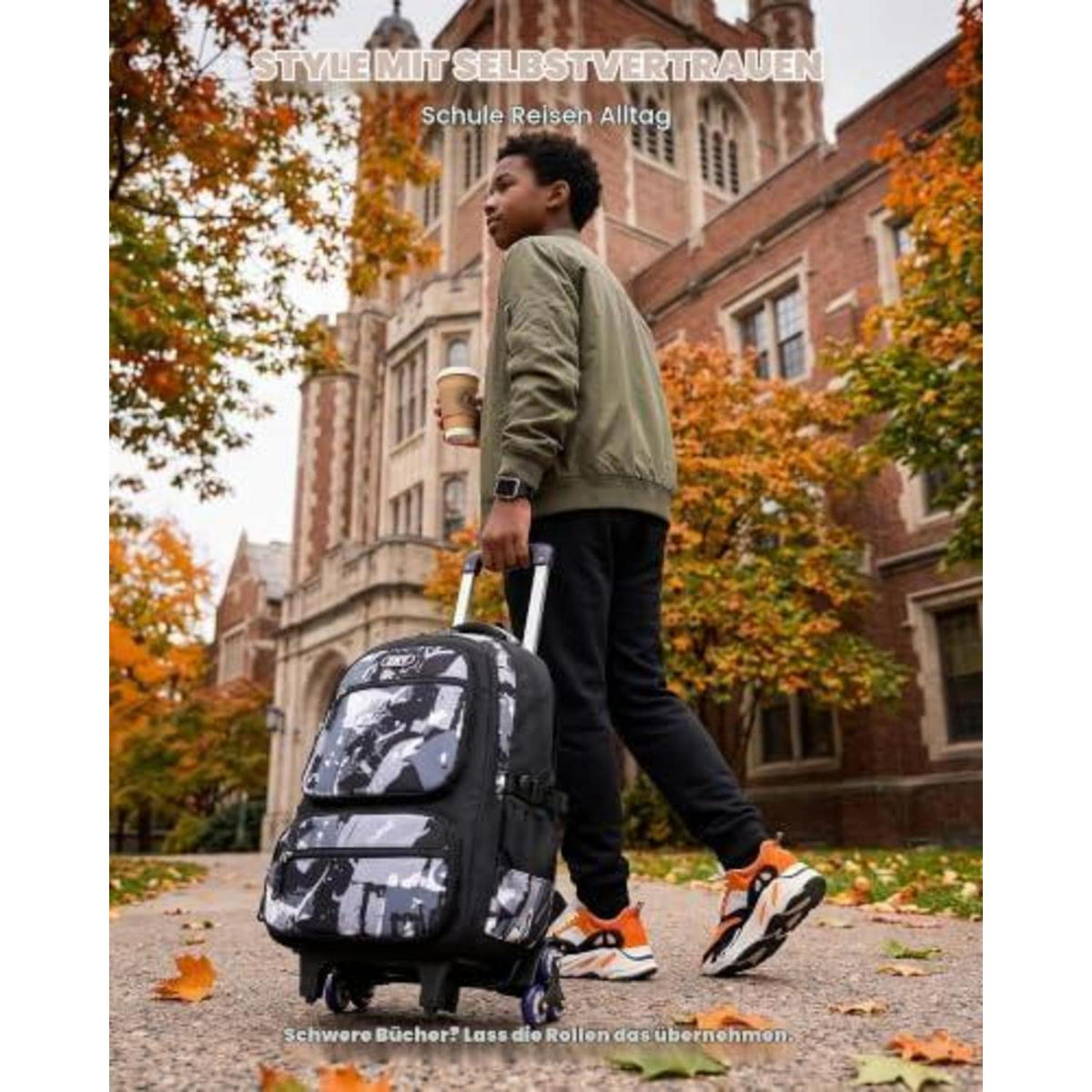 Trolley Schulrucksack Teenager, Abnehmbar, 6 Räder, Schwarz/Grau