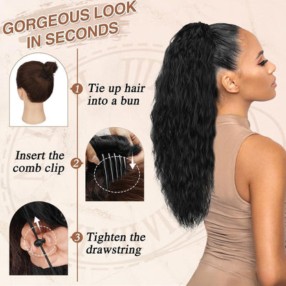 Ponytail Extension 56cm Lockige Wellige Schwarz Braun Hitzebeständig
