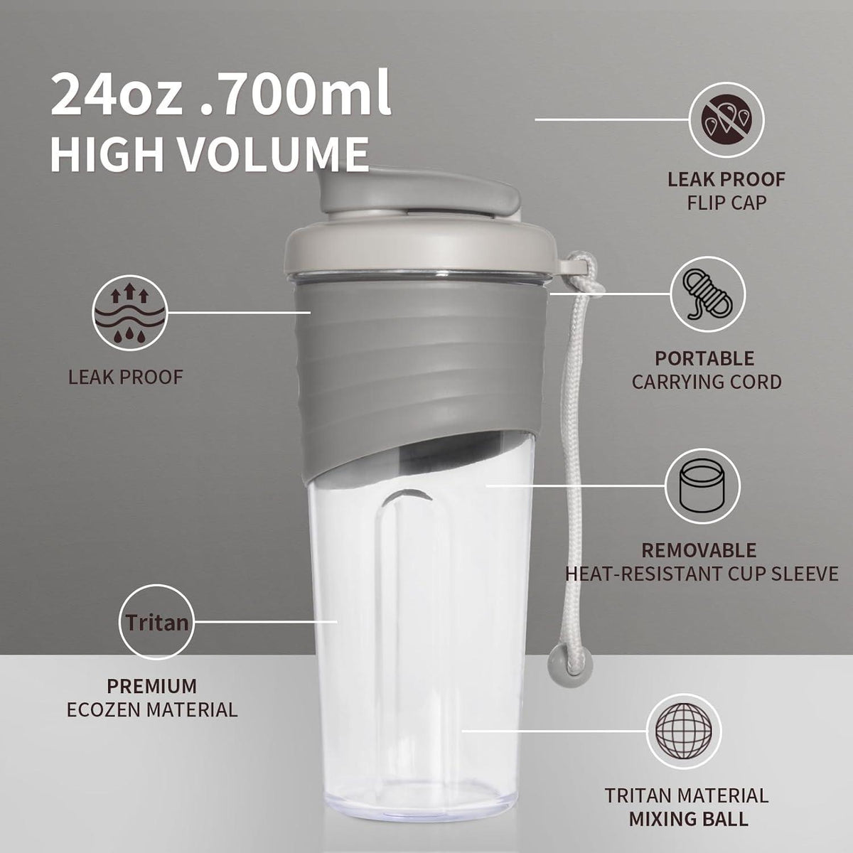 700ml Protein Shaker Tritan BPA-free Silikongriff Fitness Grau