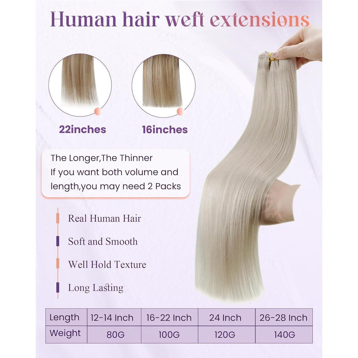 Echthaar Tressen Blond Platinblond 45cm zum Einnähen