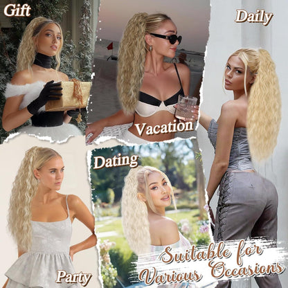 Lockige Ponytail Extension 56cm in Sandig Blond mit Highlights