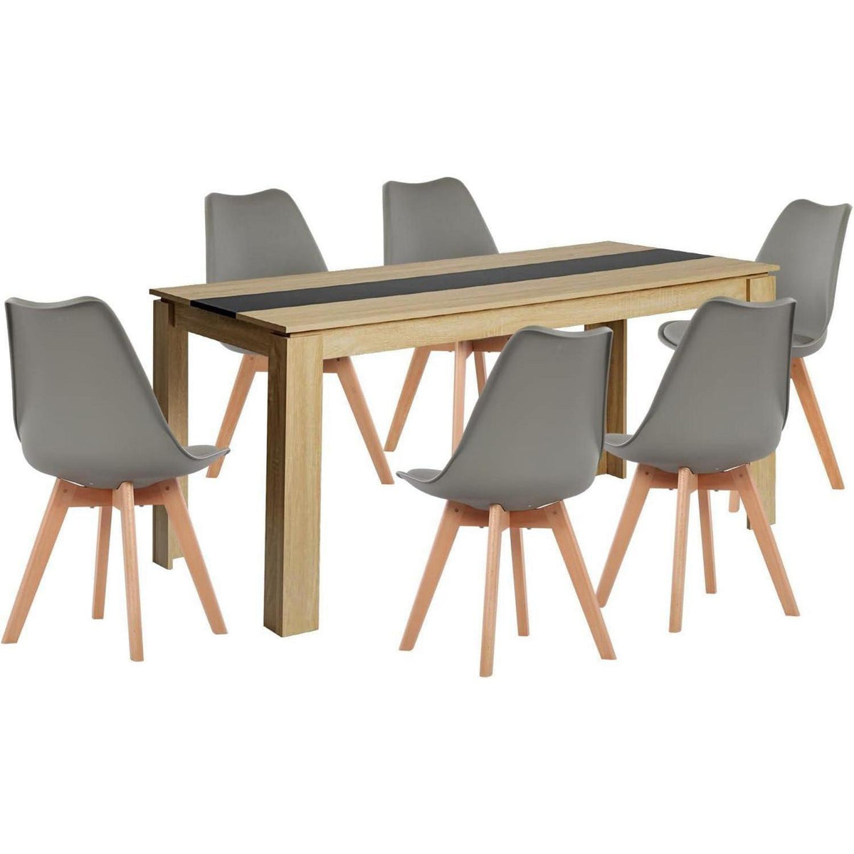 Esszimmergruppe Eiche-Schwarz 160cm mit 6 Grau Stühlen