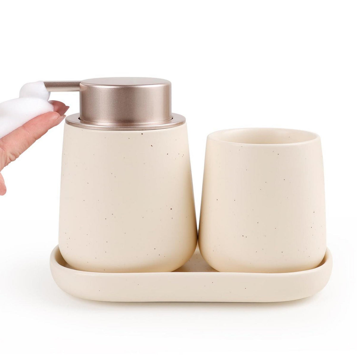 Keramik Badezimmer Set Beige – 3-teilig mit Seifenspender