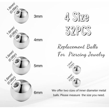 Silberne Piercing Kugeln Set 32stk 1,2mm Edelstahl 3/4/5/6mm