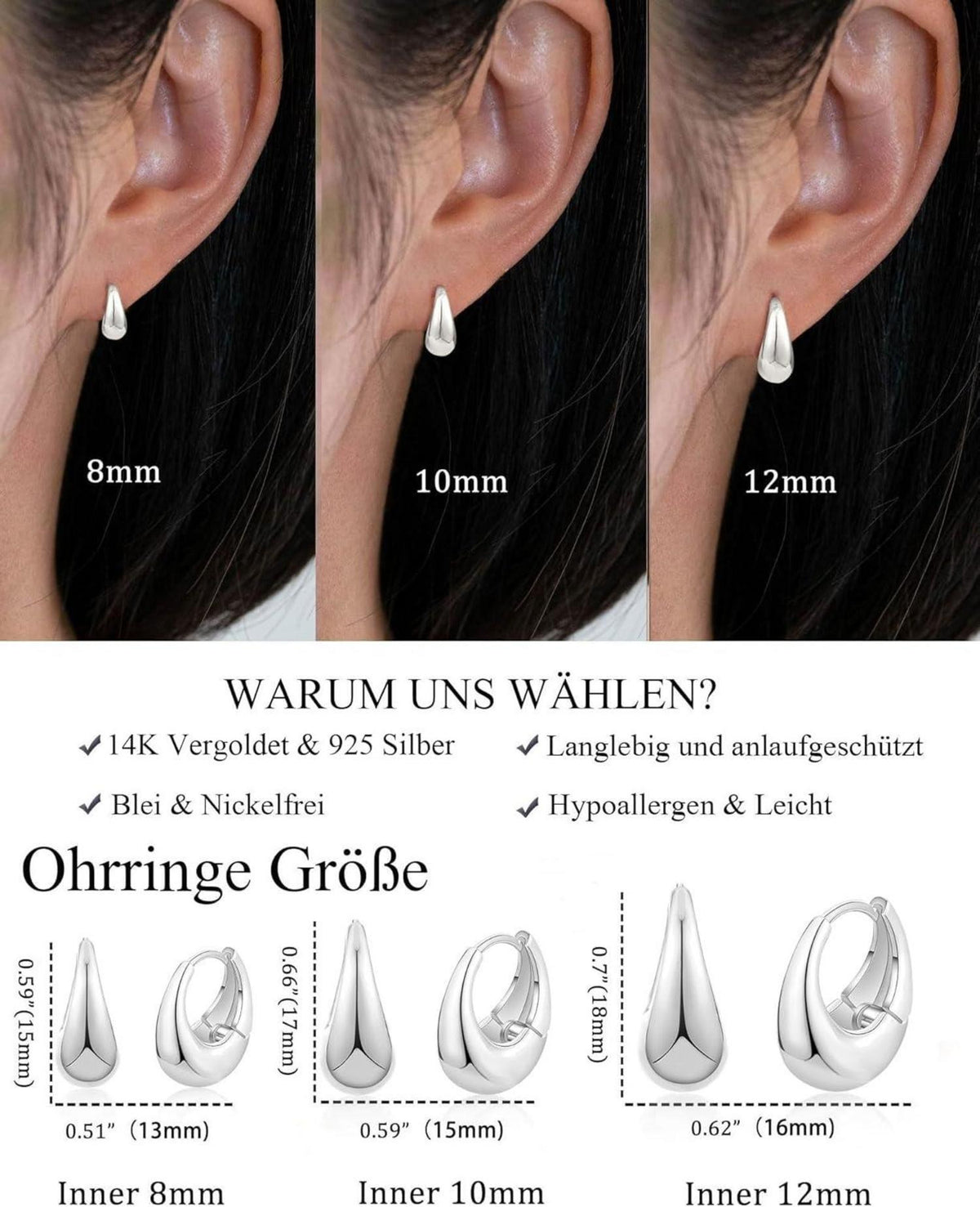 3 Paar Creolen Silber 925/Gold Damen Ohrringe Set 14K Vergoldet Mini