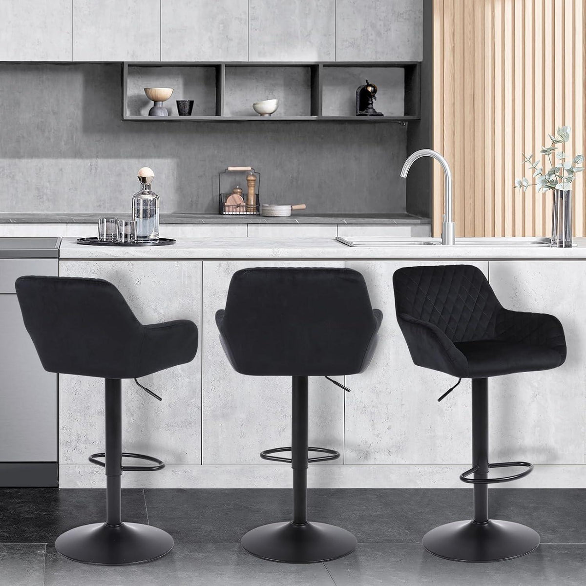 ralex Barhocker Set 3er – Höhenverstellbar, Samt, Schwarz