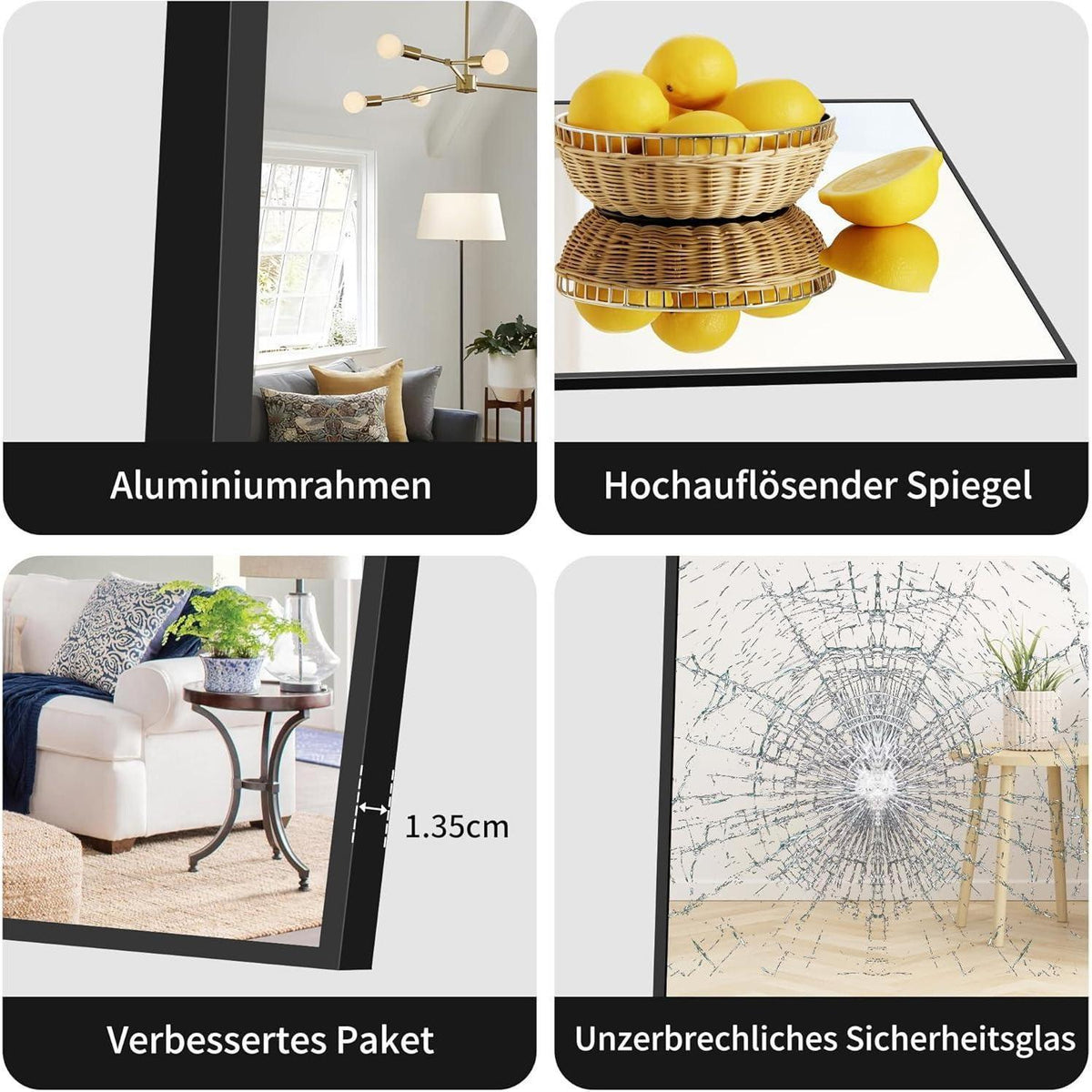 Ganzkörperspiegel 192x85cm Standspiegel mit schwarzem Aluminiumrahmen