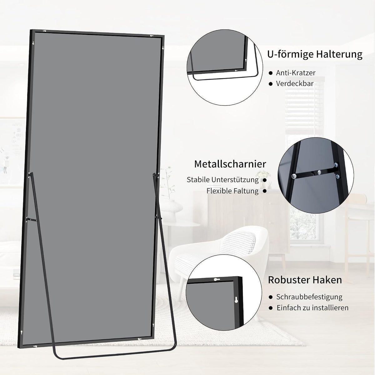 Ganzkörperspiegel 192x85cm Standspiegel mit schwarzem Aluminiumrahmen