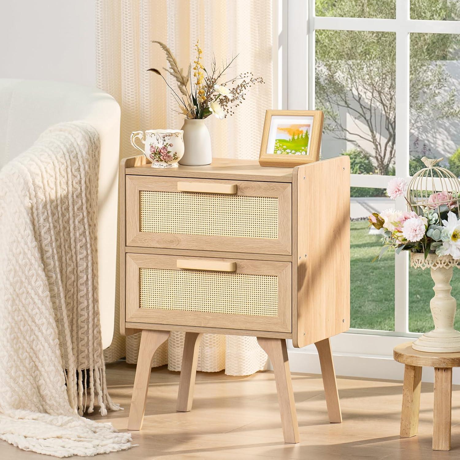 Nachttisch Rattan Beistelltisch 2 Schubladen Boho Holz