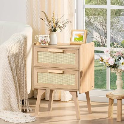 Nachttisch Rattan Beistelltisch 2 Schubladen Boho Holz
