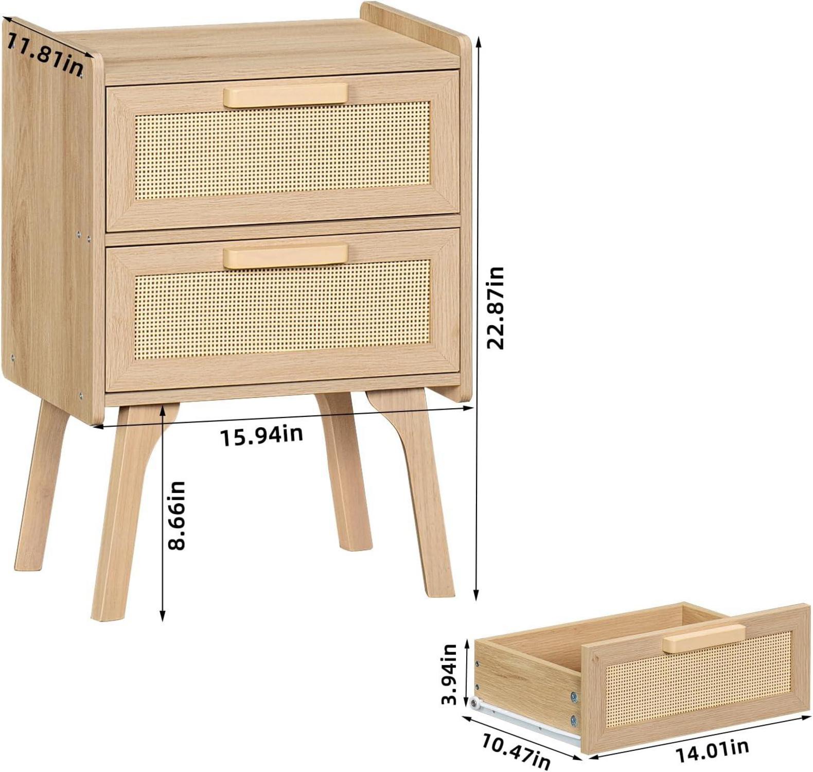 Nachttisch Rattan Beistelltisch mit 2 Schubladen Boho Stil