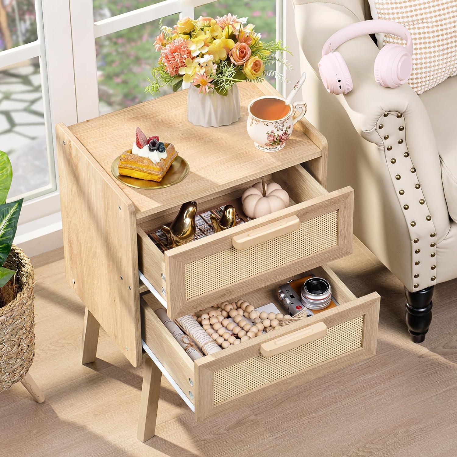 LELELINKY Nachttisch Rattan mit 2 Rattan Schubladen Holz Natur