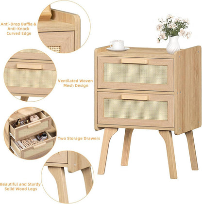 LELELINKY Nachttisch Rattan Beistelltisch 2 Schublade Holz Boho Natürlich