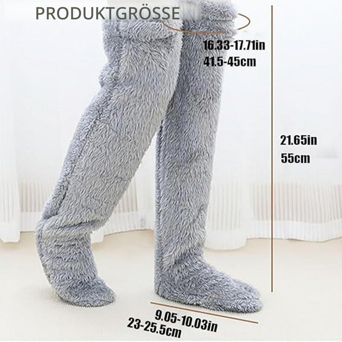 Kuschelsocken Overknee Damen hellgrau Plüsch warm