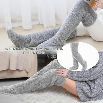 Kuschelsocken Overknee Damen hellgrau Plüsch warm