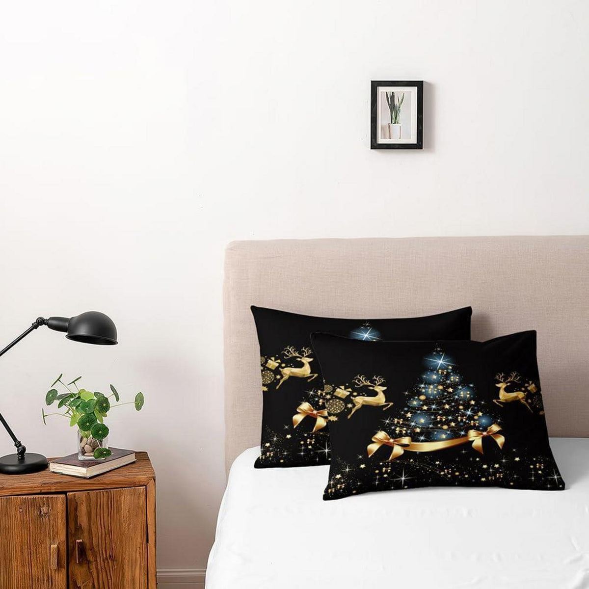 Weihnachts Bettwäsche Set 155x220 cm Schwarz Gold mit Hirsch