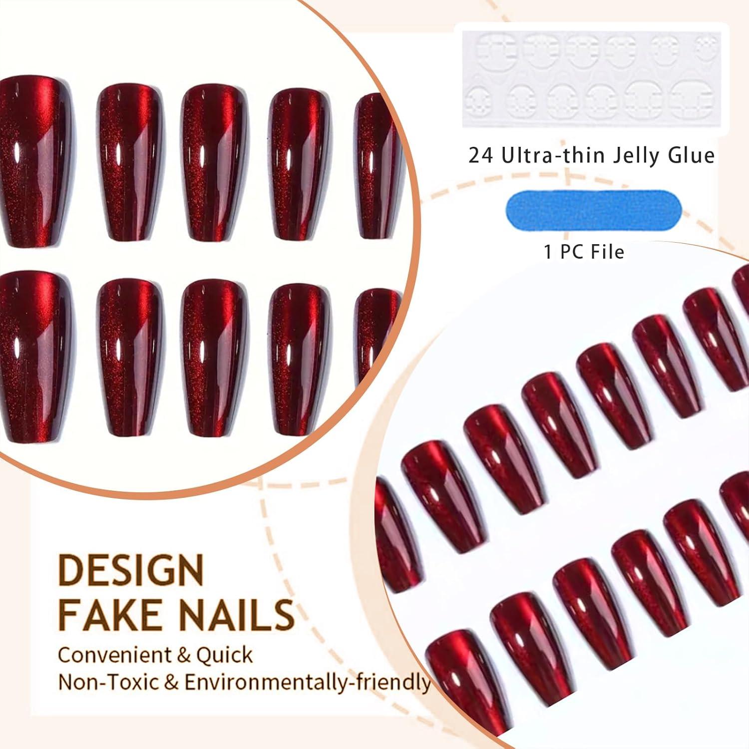 30er Set Rote Cat Eye Press on Nägel Full Cover Design Glitzer