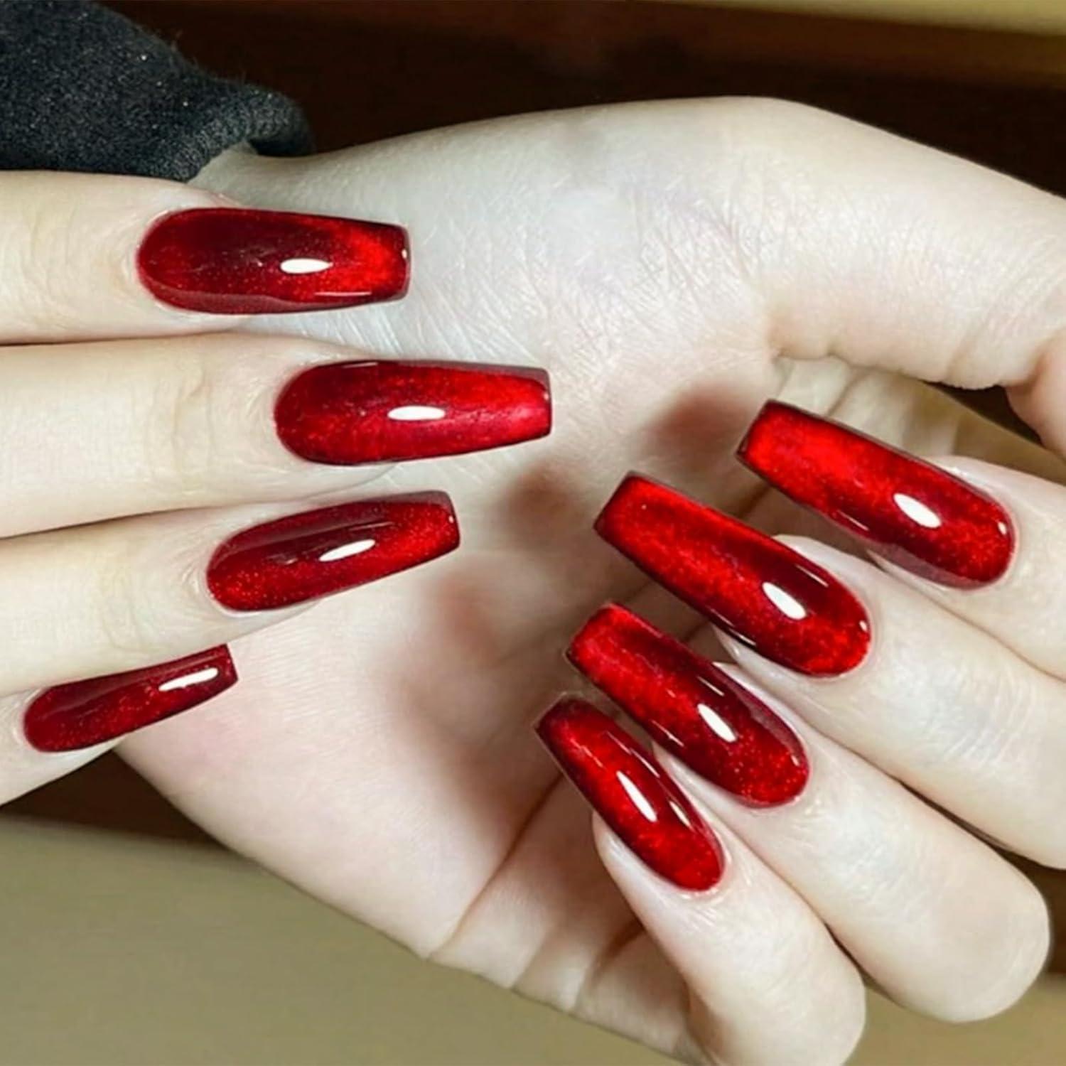 30 Cat Eye Press on Nägel Quadratisch Mittellang Rot Glitzer Design