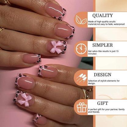 Leopard French Tip Falsche Nägel 24 Stk Pink Glänzend Cute quadratisch