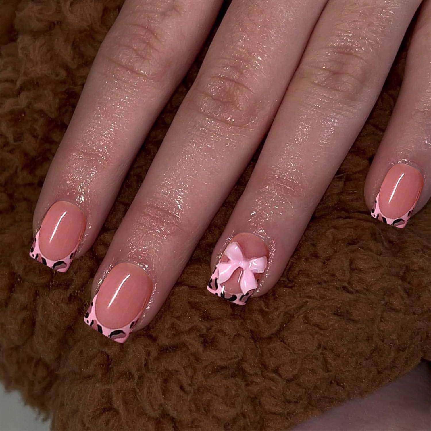 24 Stk Leopard French Tip Press On Nägel Rose Gold Glänzendes