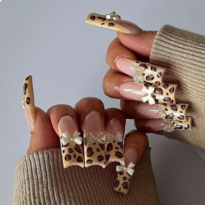 24er Pack Leopard French Tip Press on Nails Gepard Glanz Lack