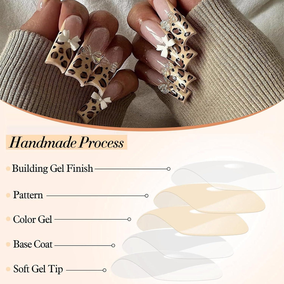 24er Set French Tip Press on Nails - Oval Braun Gepard Glanz - 3D