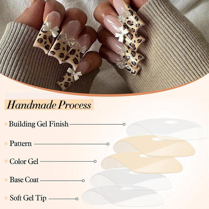 24er Set French Tip Press on Nails - Oval Braun Gepard Glanz - 3D