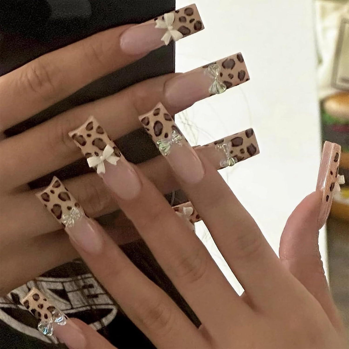 24 Stk French Tip Press on Nails Braun Gepard Glanz Lack 3D Akryl
