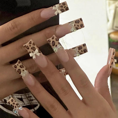 24 Stk French Tip Press on Nails Braun Gepard Glanz Lack 3D Akryl
