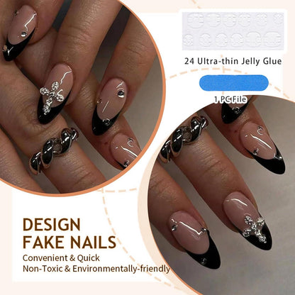 24 Stück 3D Design Schwarz Mandel Falscher Nagel Set