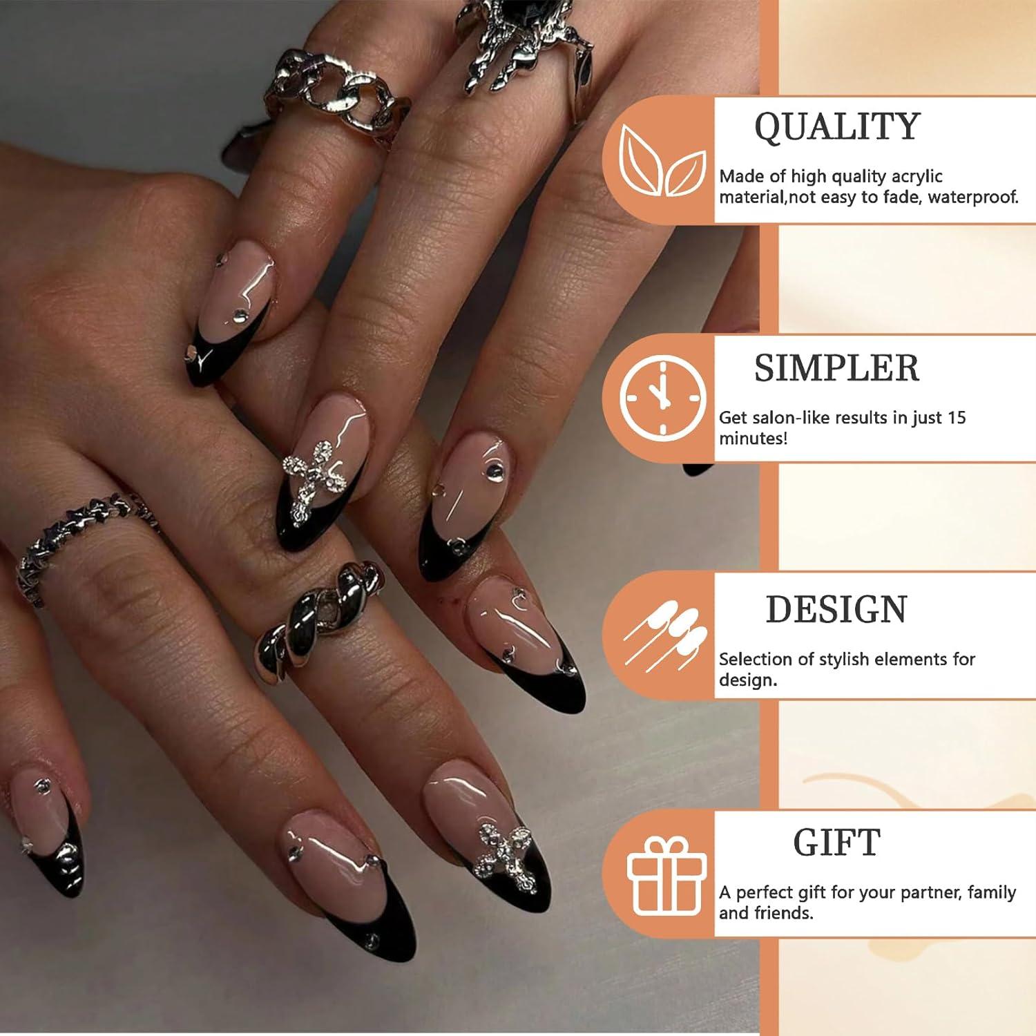 24 Stück Schwarze Mandel-Design Falsche Nägel Set 3D Legierung Kreuz French Tip Press On Nails