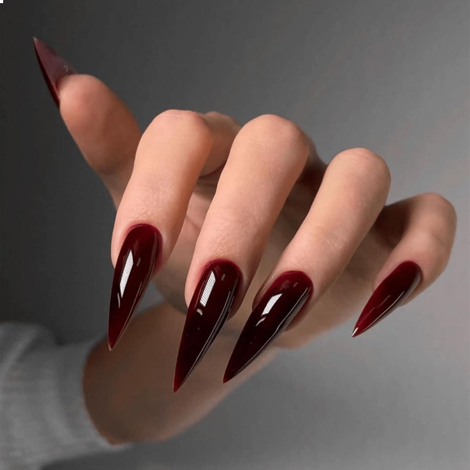 24er Set Dunkelrote Lange Falsche Nägel für Cosplay & Maniküre