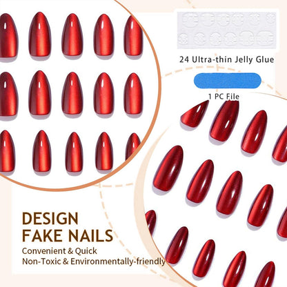 30er Set Blutrot Kristall Cat Eye Oval Falsche Nägel