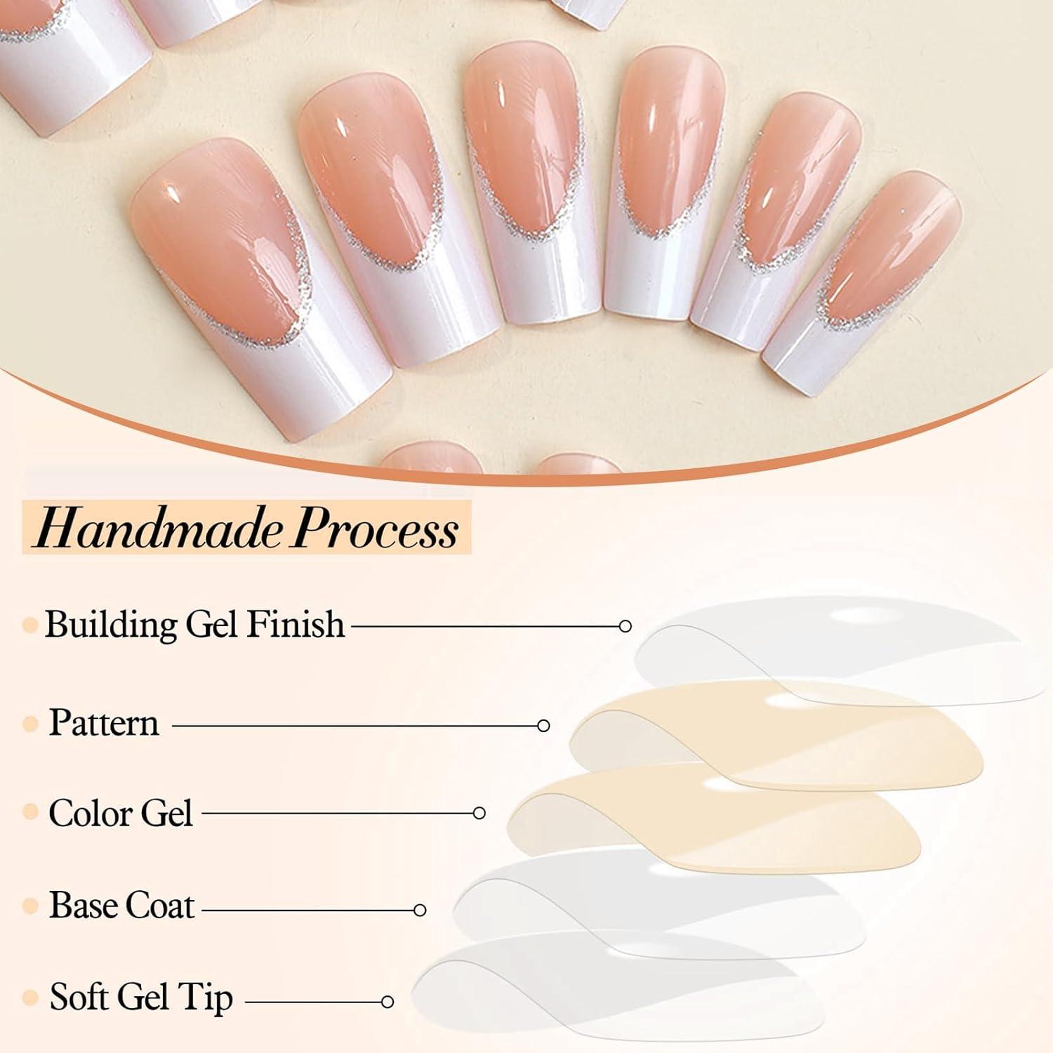 24er Set Glitzer Falschnägel Weiß Quadratisch Press on Nails French Maniküre