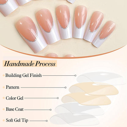 24er Set Glitzer Falschnägel Weiß Quadratisch Press on Nails French Maniküre