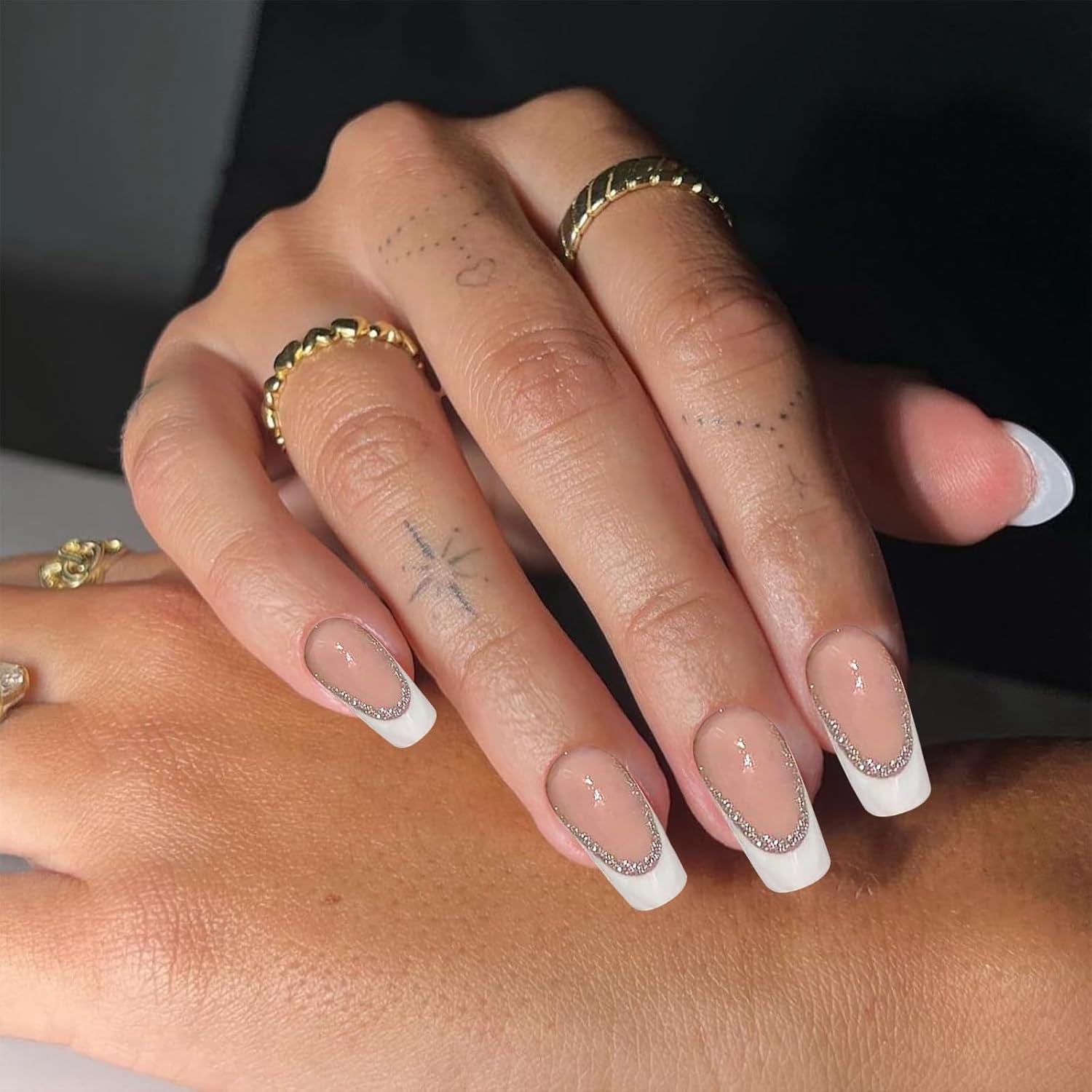 24 Stück Glitzer Nagel Kunst Falsche Nägel Lang Weiß Fran. Spitze