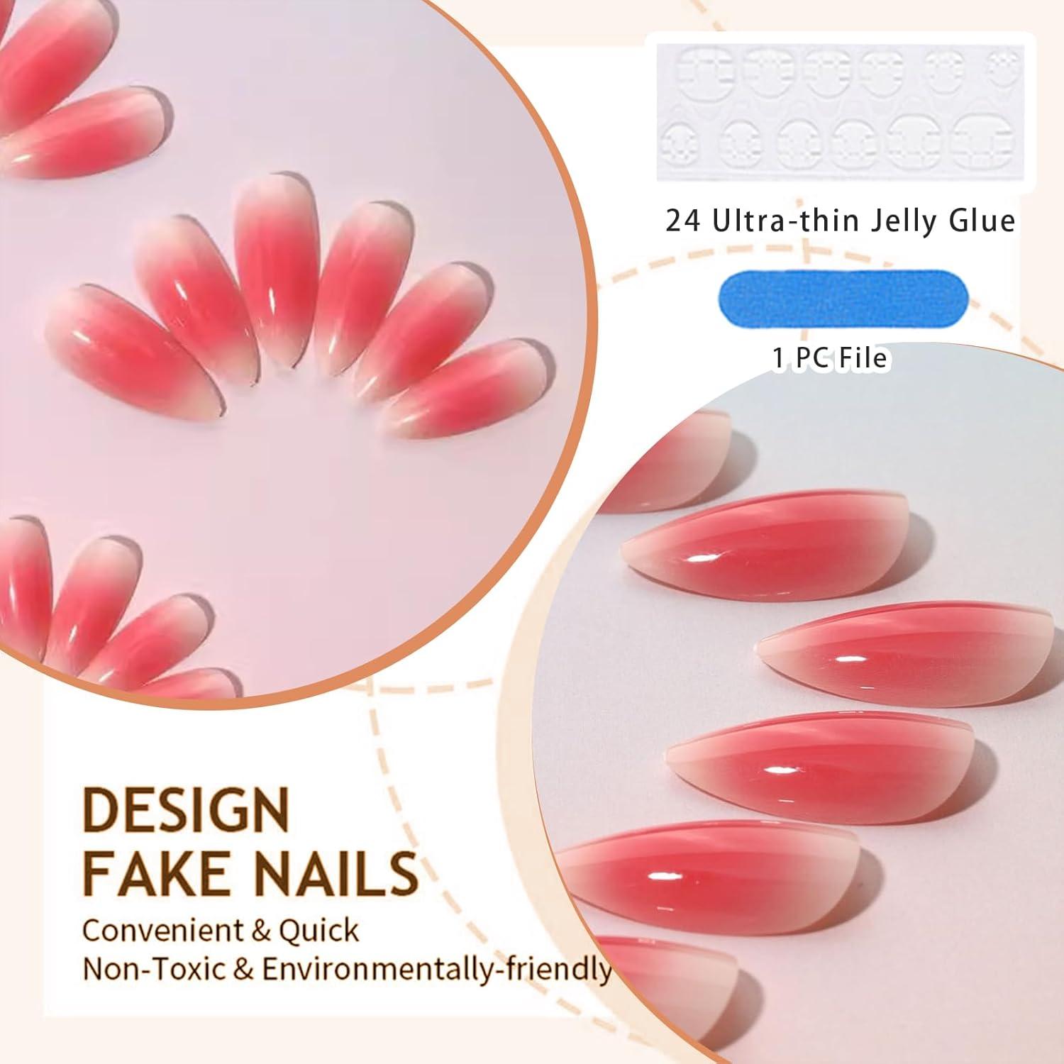 Gradient Pink Spitzen Press On Nails 24 Stück Mittelgroße Falsche