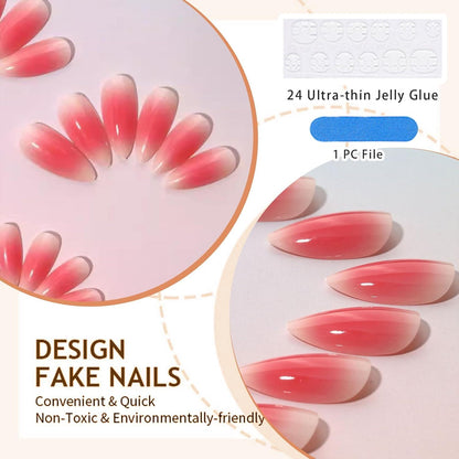 Gradient Pink Spitzen Press On Nails 24 Stück Mittelgroße Falsche
