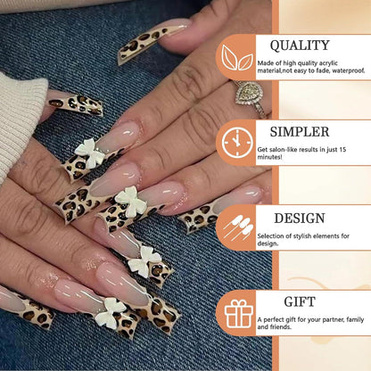 24Pcs Leopard Press on Nails Cheetah Design Lang Ovale Falsche Nägel Glamourös Glänzend