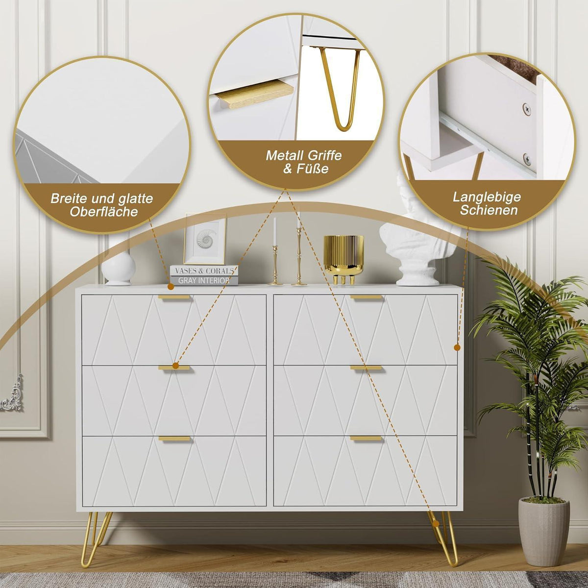 Schlafzimmer Komplett-Set Weiß mit Kommode & 2 Nachttische Skandinavisch