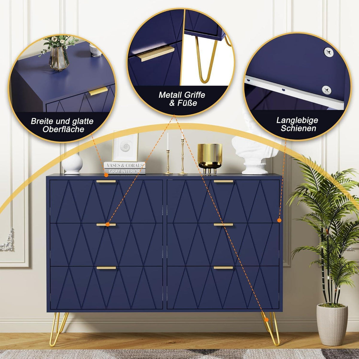 Blaues Schlafzimmer-Set: Kommode & 2 Nachttische im skandinavischen Stil