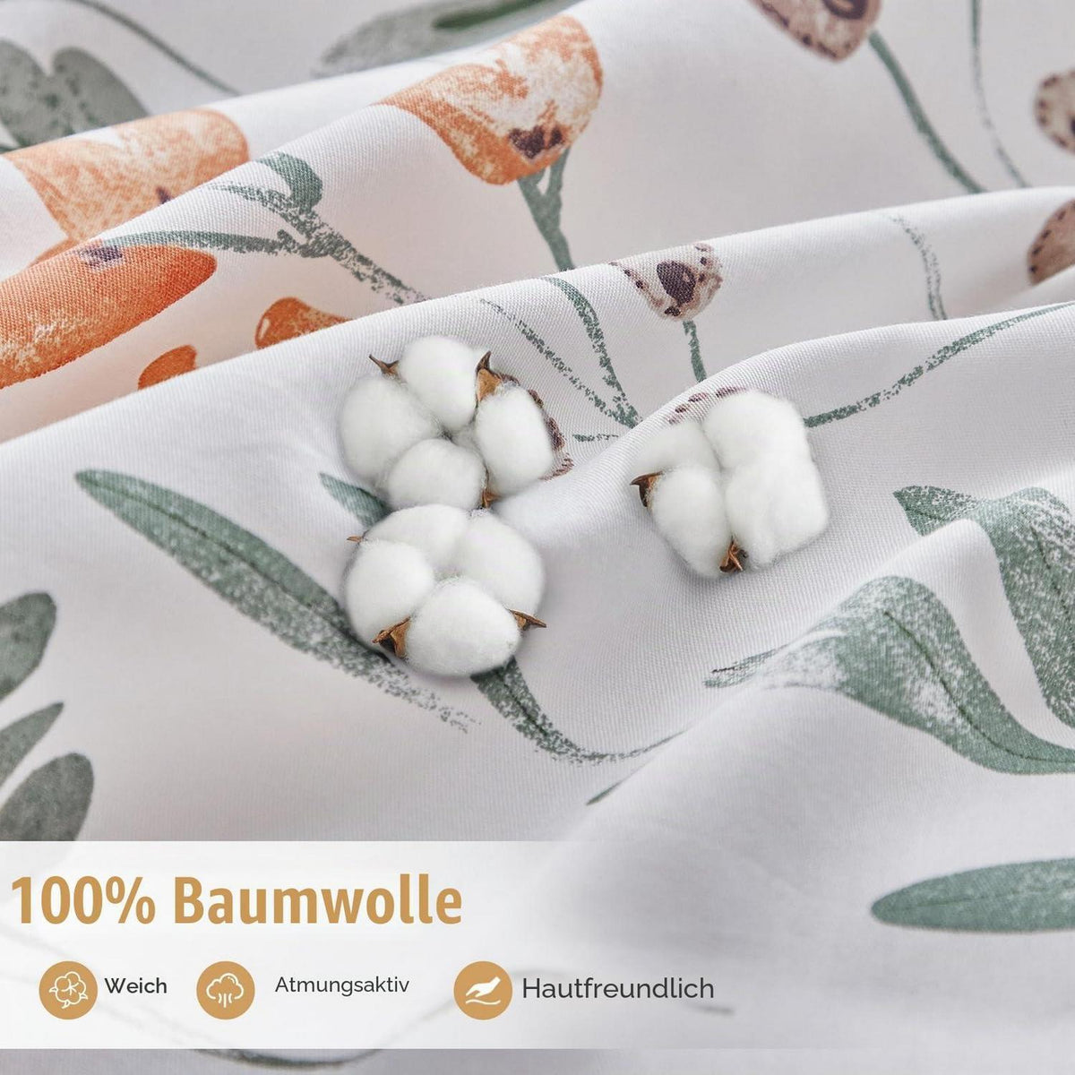 Baumwollbettwäsche-Set 135/150 cm – Zweig-Blatt-Motiv Weiß/Grün