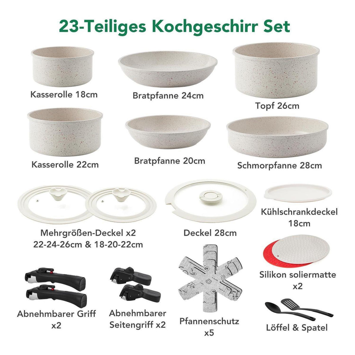 23-teiliges Induktions Topfset mit abnehmbarem Griff & Keramik