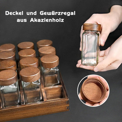 Gewürzregal aus Akazienholz mit 24 Glasgewürzdosen