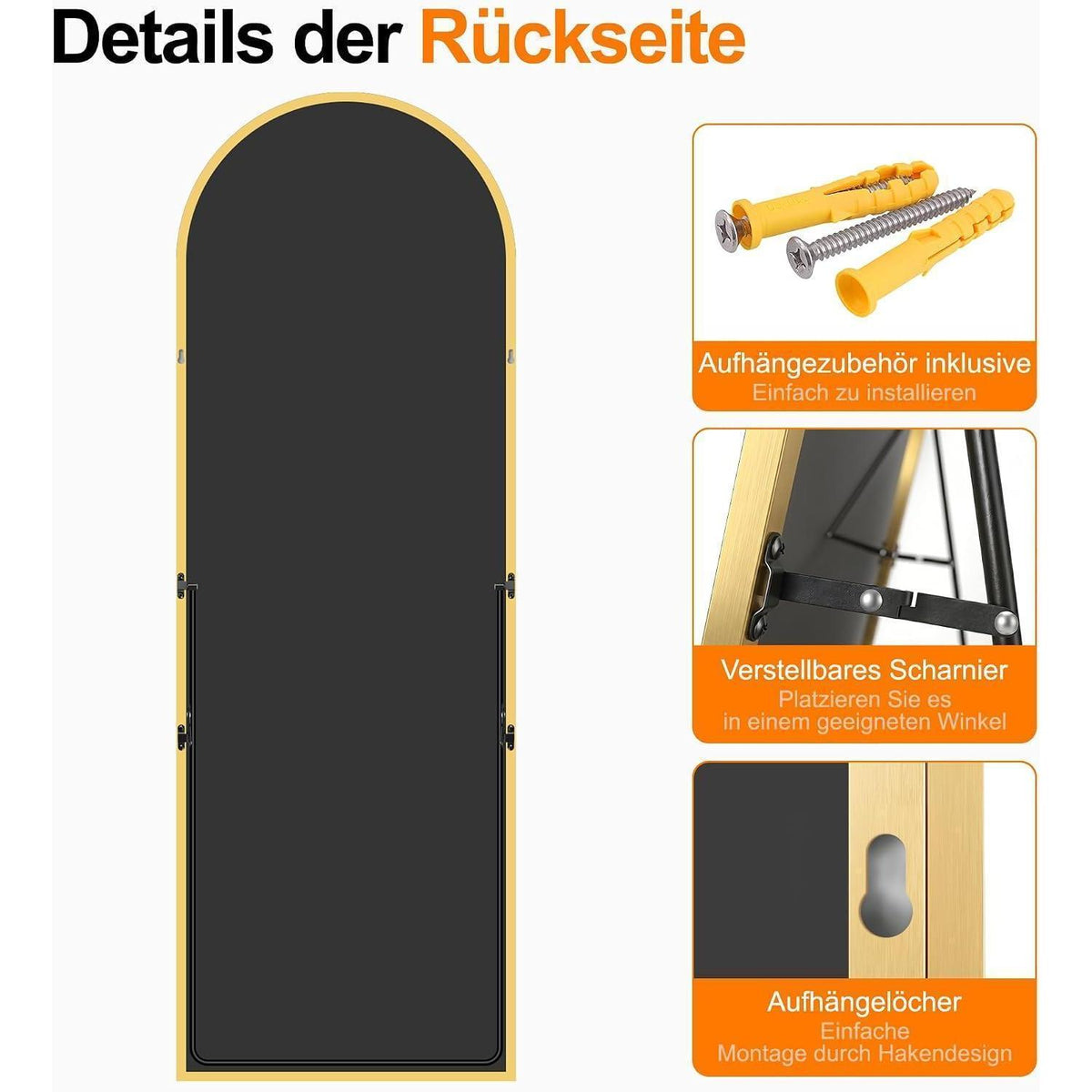 Ganzkörperspiegel 175x60cm – Stand- & Wandspiegel Schwarz Gold
