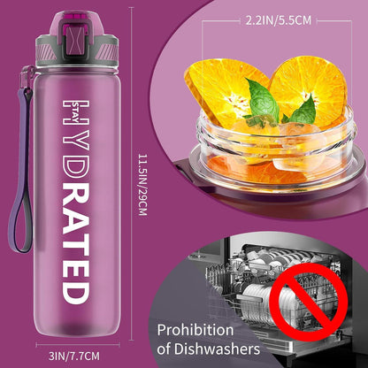 Trinkflasche 1L BPA-frei mit Strohhalm und Zeitmarkierung, rosa