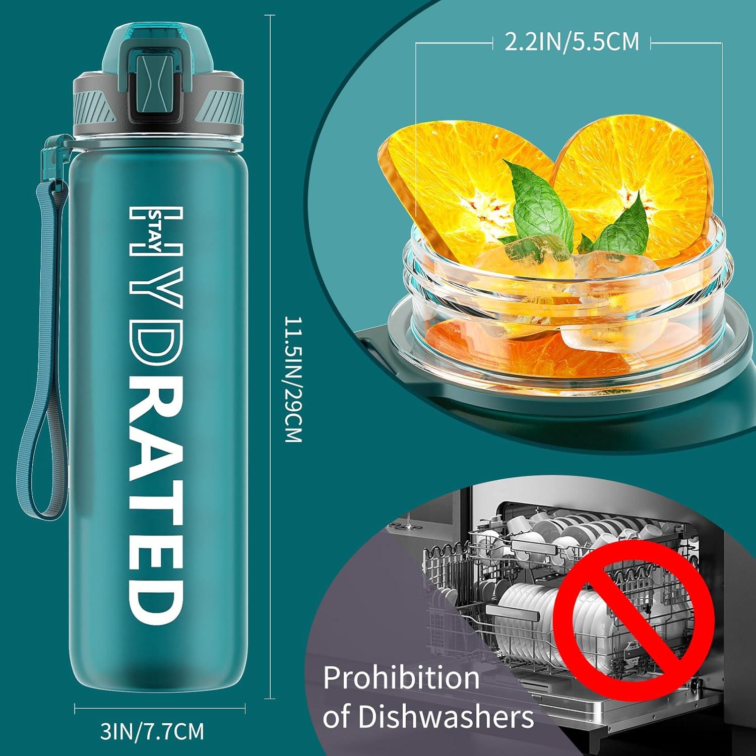Sport Trinkflasche 1L BPA-frei mit Strohhalm Zeitmarkierung und Bürste Grün
