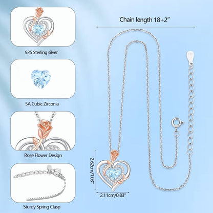 Silber Halskette Damen Herz Rose Geburtsstein Kette 925 Sterling Silber